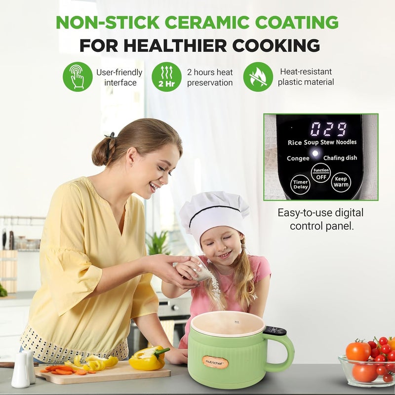 NutriChef 1.6 QT Portable Electric Rice Cooker & Lunch Maker | Multi-Functional & Non-Stick Ceramic Coating | Digital Control Panel | 6 Cook Functions: Rice, Soup, Stew, Porridge & More | Green - Image 3